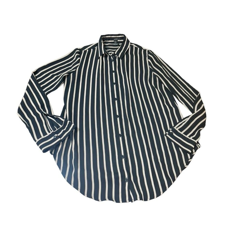 FOREVER 21 Women's Size Small Button Up Tunic Shirt Top Black Taupe Striped